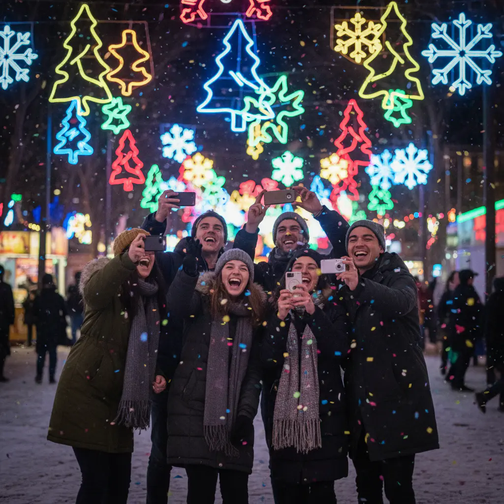 Joyful young adults under neon lights