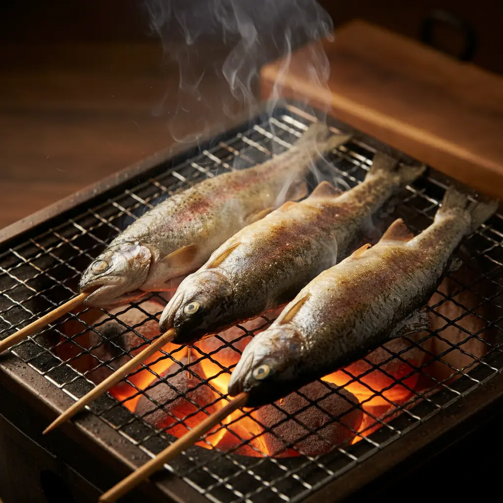Freshly grilled mountain trout on skewers