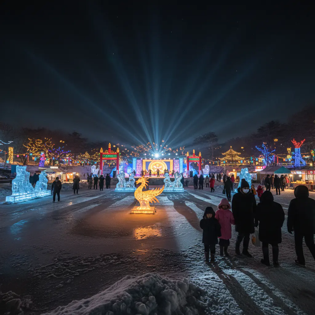Cinematic night view of a South Korean winter festival