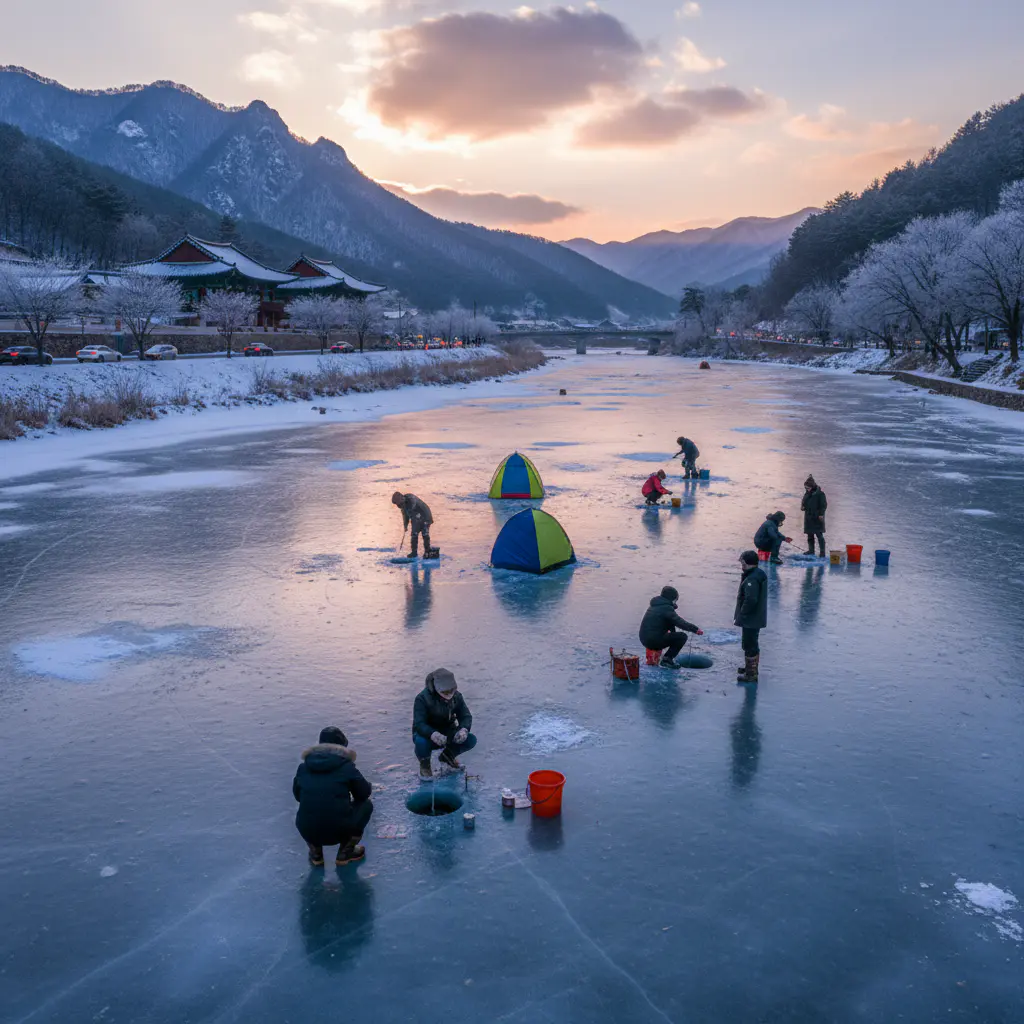 Ice fishing on a frozen river
