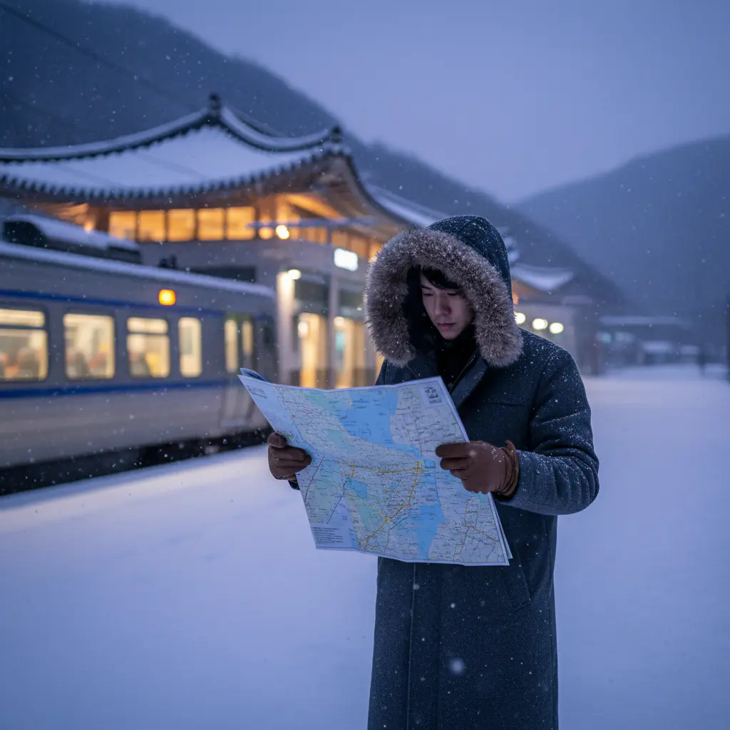 Traveler looking at map near snowy transit station