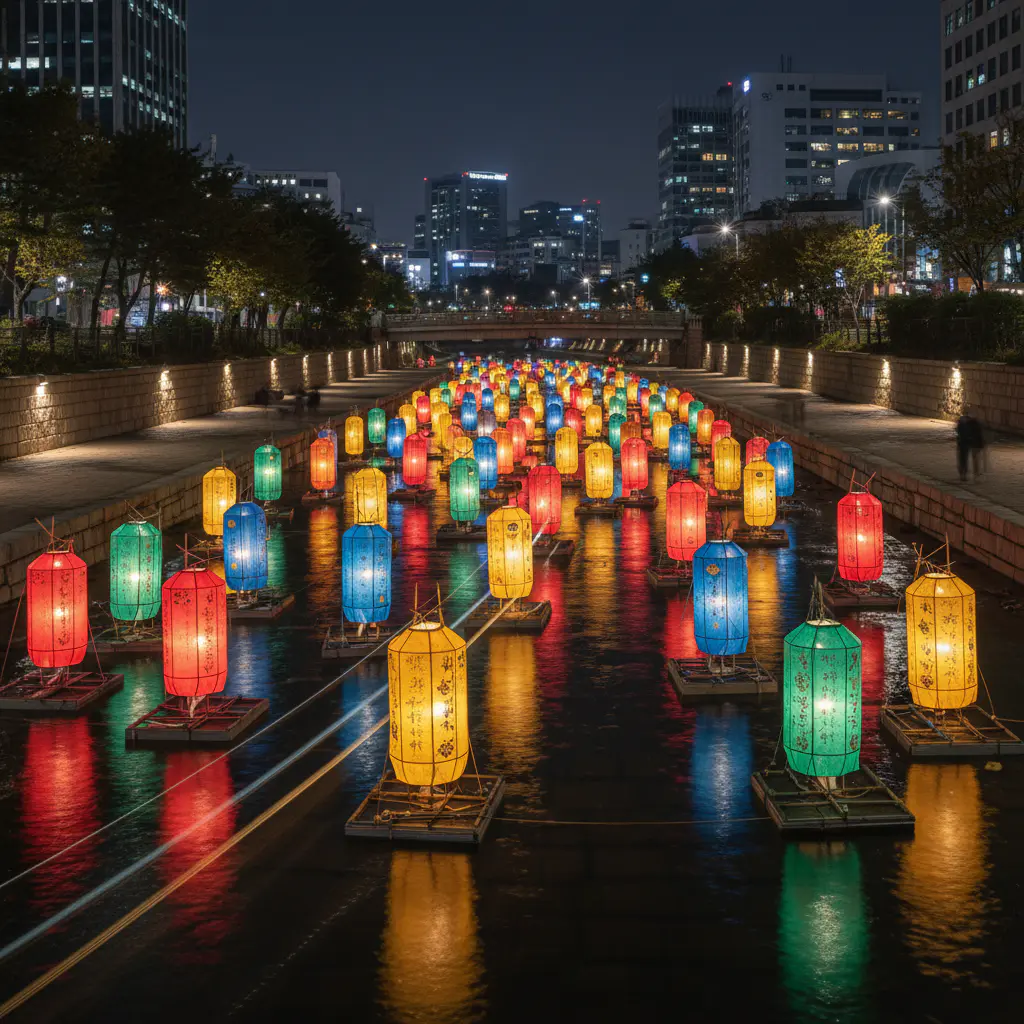 Illuminated traditional lanterns floating on water